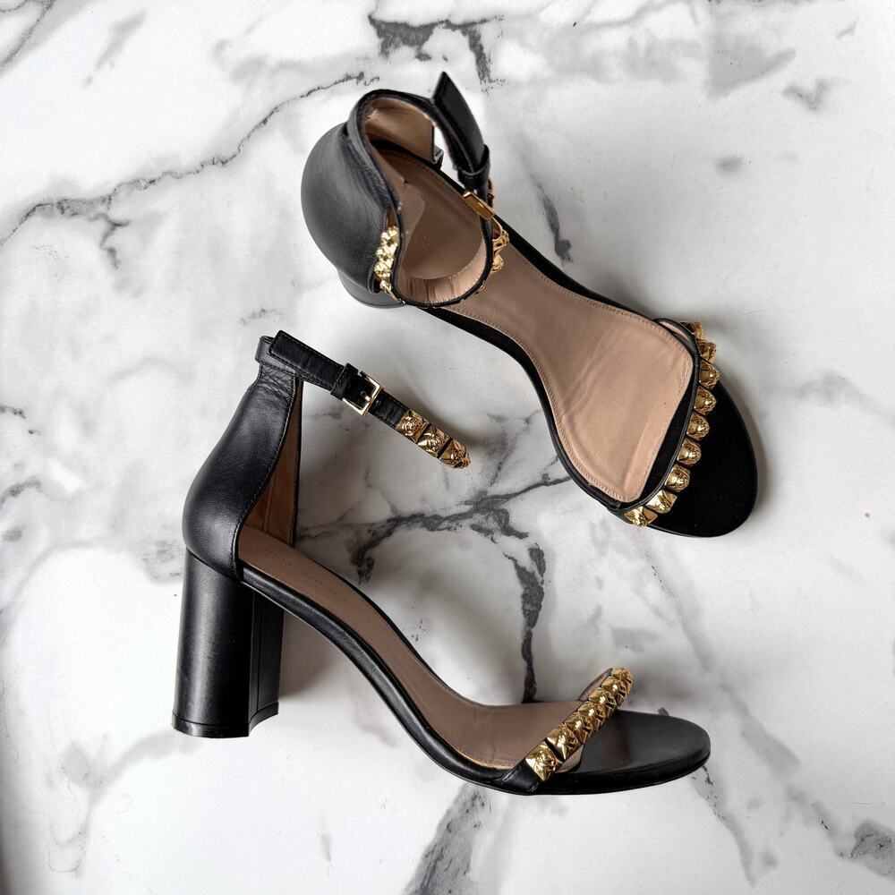 Stuart Weitzman Rosemarie Black Leather Studded Sandal Heels Size 9.5